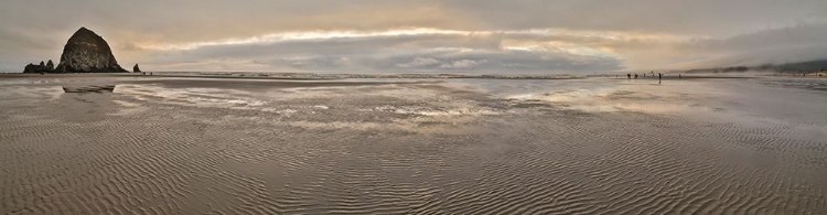 Picture of USA- OREGON. CANNON BEACH AND PANORAMA OF HAYSTACK AT SUNSET AND LOW TIDE.