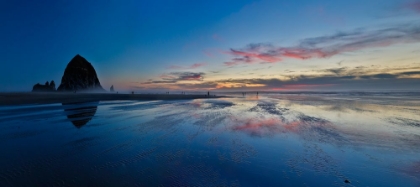 Picture of USA- OREGON. CANNON BEACH AND PANORAMA OF HAYSTACK AT SUNSET AND LOW TIDE.