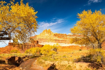 Picture of USA- UTAH- CAPITOL REEF NATIONAL PARK. THE CASTLE ROCK FORMATION AND FREMONT RIVER.