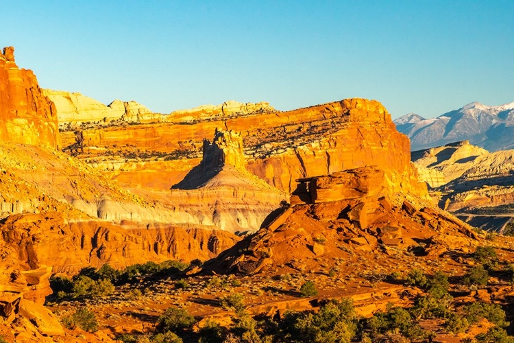 Picture of USA- UTAH- CAPITOL REEF NATIONAL PARK. ERODED ROCK FORMATIONS AND MOUNTAIN.