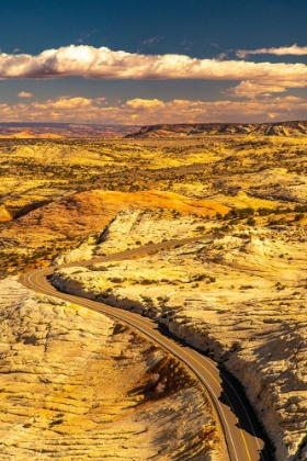 Picture of USA- UTAH- GRAND STAIRCASE ESCALANTE NATIONAL MONUMENT. ROAD THROUGH RUGGED LANDSCAPE.
