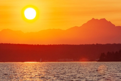 Picture of SUNSET OVER PUGET SOUND- SEATTLE- WASHINGTON STATE. SILHOUETTE OF THE BROTHERS PEAK ON THE RIGHT.