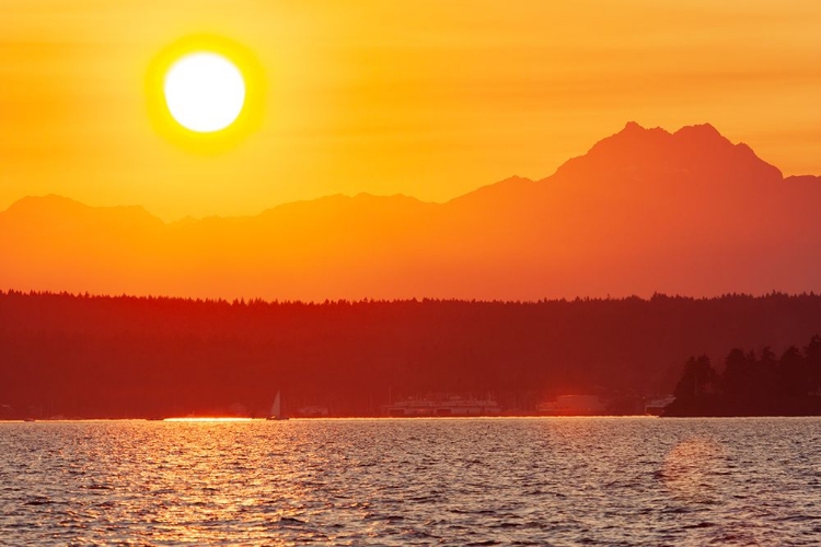 Picture of SUNSET OVER PUGET SOUND- SEATTLE- WASHINGTON STATE. SILHOUETTE OF THE BROTHERS PEAK ON THE RIGHT.