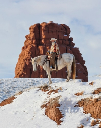 Picture of USA- WYOMING. HIDEOUT RANCH COWGIRL ON HORSEBACK RIDING ON RIDGELINE SNOW. 