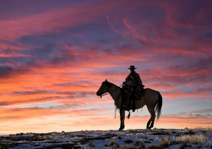 Picture of USA- SHELL- WYOMING. HIDEOUT RANCH COWGIRL SILHOUETTED ON HORSEBACK AT SUNSET. 