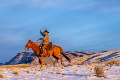 Picture of USA- WYOMING. HIDEOUT HORSE RANCH- WRANGLER AND HORSE IN SNOW. 