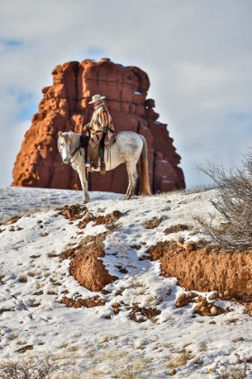 Picture of USA- WYOMING. HIDEOUT HORSE RANCH- WRANGLER ON HORSEBACK IN SNOW. 