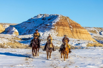 Picture of USA- WYOMING. HIDEOUT HORSE RANCH- WRANGLERS AND HORSES IN SNOW. 