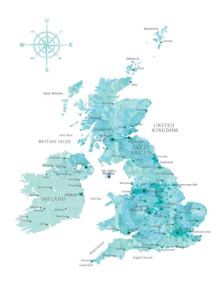 Picture of AQUAMARINE WATERCOLOR MAP OF THE UNITED KINGDOM