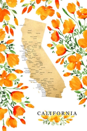 Picture of CALIFORNIA MAP WITH WATERCOLOR POPPIES