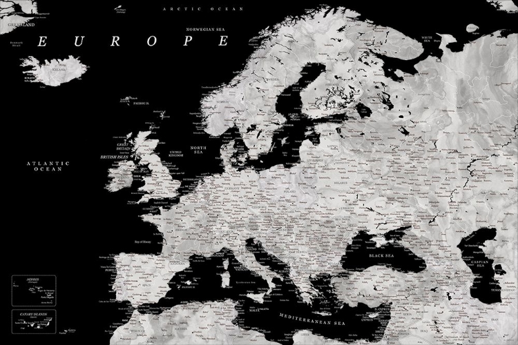 Picture of BLACK AND GREY DETAILED MAP OF EUROPE