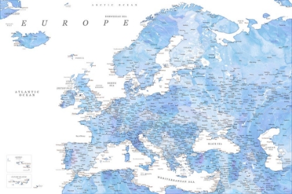 Picture of LIGHT BLUE WATERCOLOR DETAILED MAP OF EUROPE