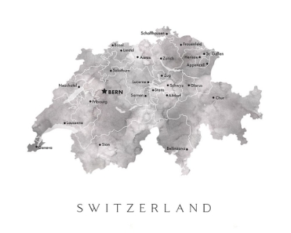 Picture of GRAY WATERCOLOR MAP OF SWITZERLAND