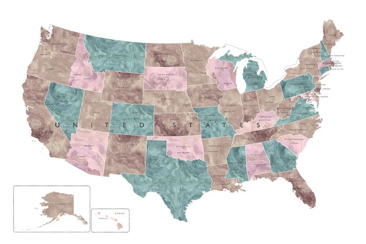 Picture of PINK AND TEAL WATERCOLOR MAP OF THE US