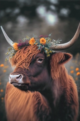 Picture of HIGHLAND COW WITH FLOWERS