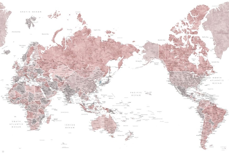 Picture of PACIFIC CENTERED WORLD MAP IN DUSTY PINK