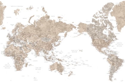 Picture of PACIFIC CENTERED WORLD MAP IN TAUPE
