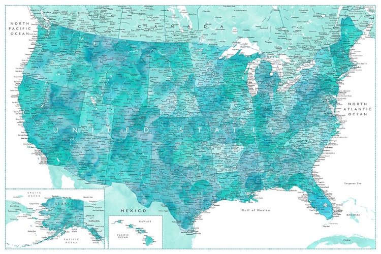 Picture of HIGHLY DETAILED MAP OF THE UNITED STATES, CARIBBEAN WATERS