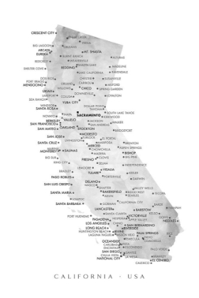 Picture of GRAYSCALE WATERCOLOR MAP OF CALIFORNIA WITH CITIES