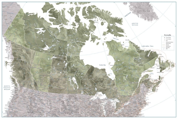 Picture of DETAILED MAP OF CANADA IN GREEN WATERCOLOR