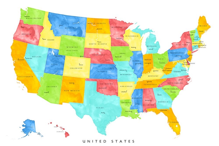 Picture of COLORFUL MAP OF THE UNITED STATES WITH STATES AND STATE CAPITALS