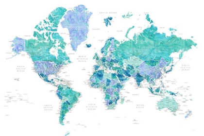 Picture of DETAILED WORLD MAP WITH CITIES, CARIBBEAN WATERS