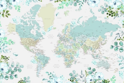 Picture of DETAILED WORLD MAP WITH CITIES AND FLORALS, MARIE