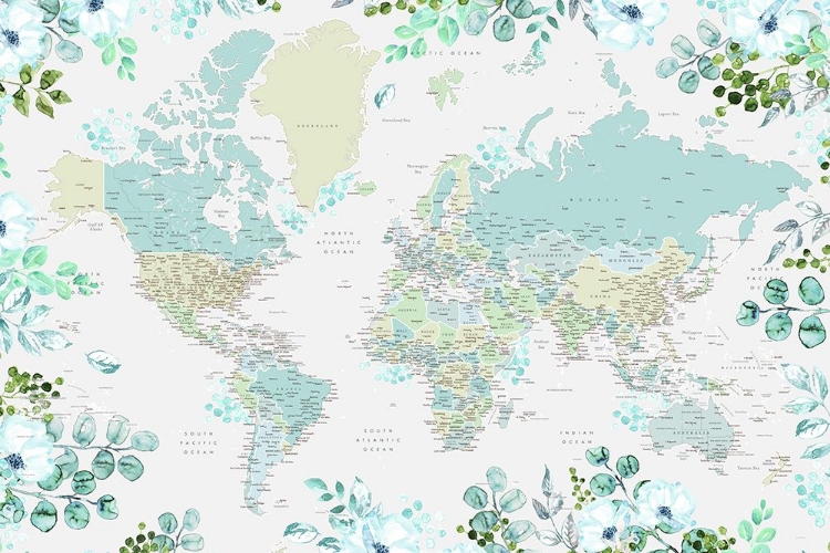 Picture of DETAILED WORLD MAP WITH CITIES AND FLORALS, MARIE