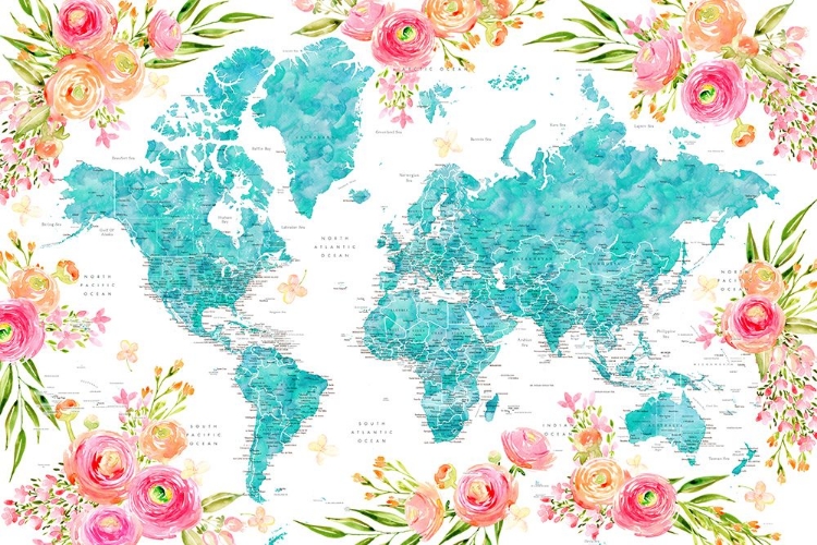 Picture of DETAILED FLORAL WORLD MAP WITH CITIES, HAVEN