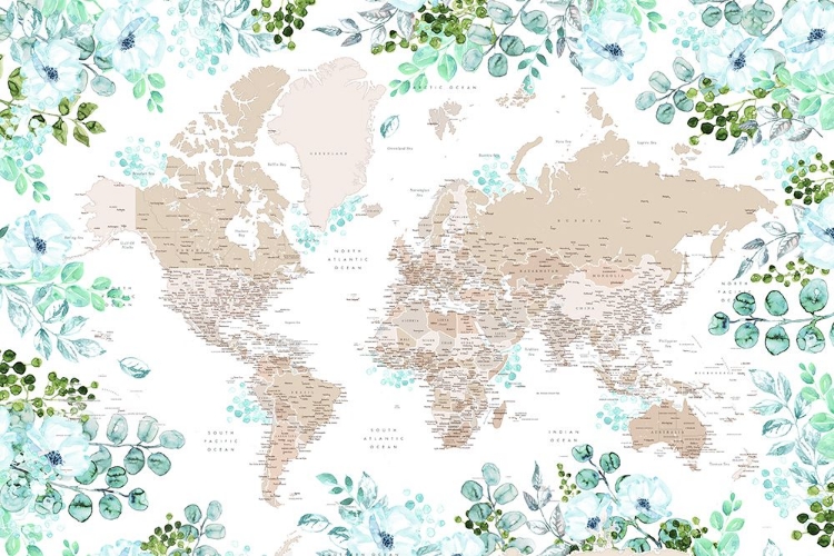 Picture of DETAILED FLORAL WORLD MAP WITH CITIES, LEANNE