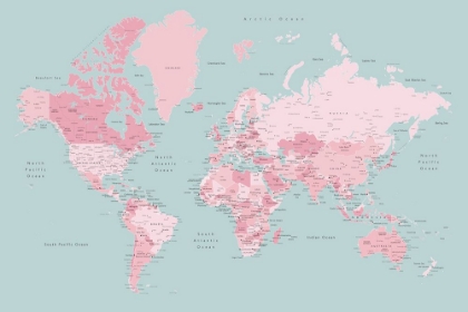 Picture of PINK AND AQUA WORLD MAP WITH CITIES, ISOBEL