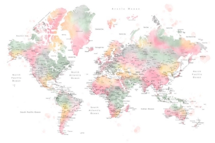 Picture of PASTEL WATERCOLOR WORLD MAP WITH CITIES, ANJAH