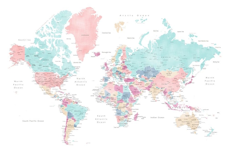 Picture of DISTRESSED PASTELS WORLD MAP WITH CITIES, CARMEN