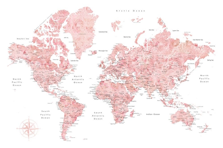 Picture of PINK WATERCOLOR WORLD MAP WITH CITIES, ALHELI