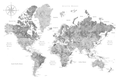 Picture of GRAYSCALE WATERCOLOR WORLD MAP WITH CITIES, RYLAN