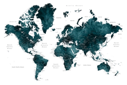 Picture of DARK TEAL WORLD MAP WITH CITIES, MAKANI