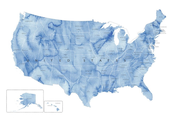 Picture of BLUE WATERCOLOR MAP OF THE USA WITH STATES AND STATE CAPITALS