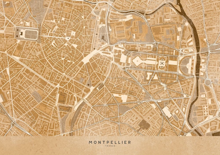 Picture of SEPIA VINTAGE MAP OF MONTPELLIER DOWNTOWN FRANCE