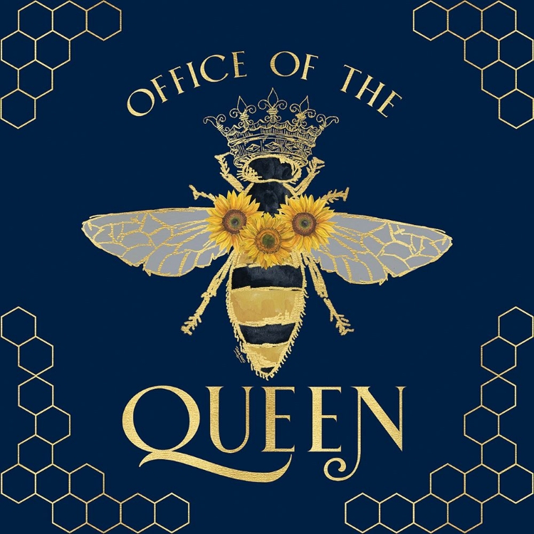 Picture of HONEY BEES AND FLOWERS PLEASE ON BLUE IV-THE QUEEN