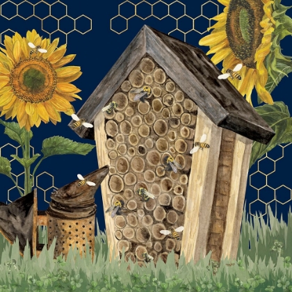 Picture of HONEY BEES AND FLOWERS PLEASE ON BLUE X