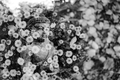 Picture of BUDDHA STATUE IN BLACK AND WHITE WITH FLOWERS