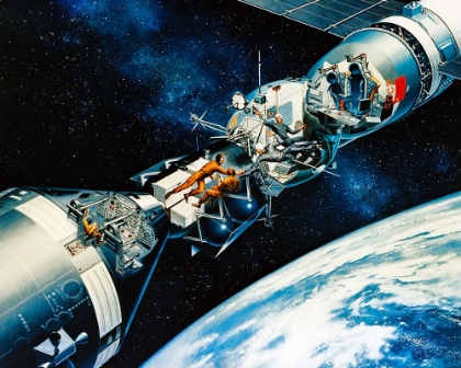 Picture of ARTIST CONCEPT DOCKED APOLLO AND SOYUZ SPACECRAFT IN EARTH ORBIT