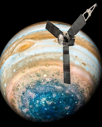 Picture of ARTIST ILLUSTRATION OF JUNO OVER JUPITERS SOUTH POLE