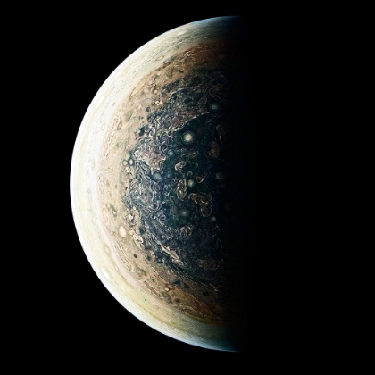 Picture of THIS ENHANCED-COLOR IMAGE IS OF JUPITERS SOUTH POLE AND ITS SWIRLING ATMOSPHERE