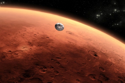 Picture of ARTIST CONCEPT OF NASAS MARS SCIENCE LABORATORY SPACECRAFT APPROACHING MARS