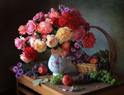 Picture of STILL LIFE WITH AUTUMN ROSES AND GRAPES