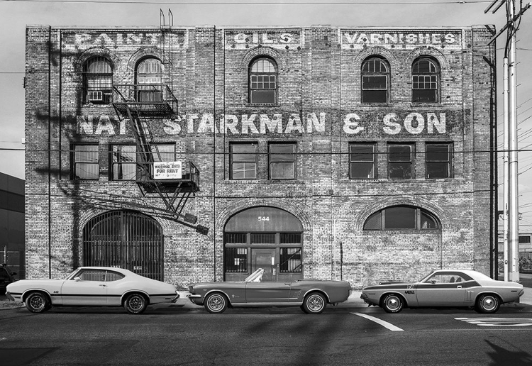 Picture of URBAN LANDSCAPE WITH MUSCLE CARS (BANDW)