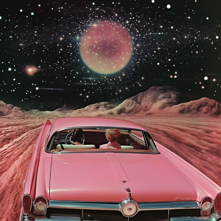 Picture of PINK VINTAGE CAR IN SPACE COLLAGE ART