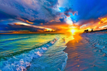 Picture of BEACH LANDSCAPE BLUE SEA WAVES YELLOW SUNSET- BURST