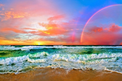 Picture of BEACH RAINBOW COLORFUL OCEAN WAVE SUNSET